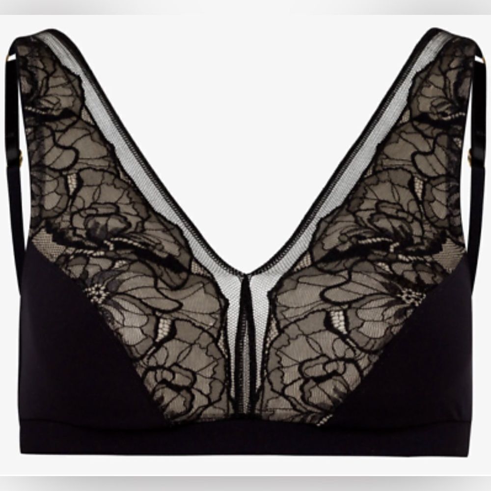 Hanro Selma black lace insert unpadded bra. Warm sand. New, no tag. Medium (10…